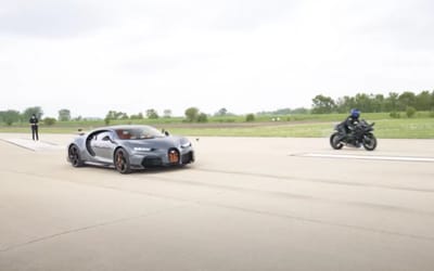 Bugatti vs Kawasaki as Illinois drag crew race world's fastest car against fastest motorcycle