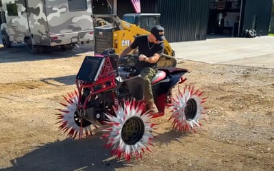 Indiana man creates demolition machine to tear down everything by putting spiked wheels on four-wheeler