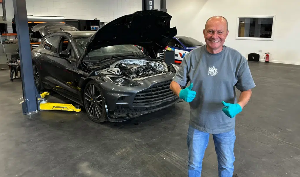 Aston Martin DBX with seized engine from flood damaged car now undergoing a complex engine rebuild after teardown revealed extensive internal damage